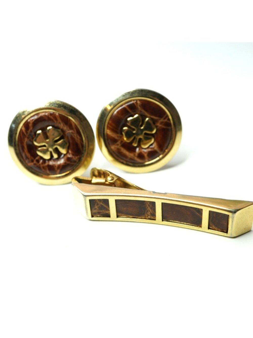 Anson Shamrock Clover Cufflinks Tie Bar Brown Leather Gold Tone Vintage Set